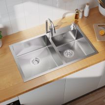 Auralum Max Evier De Cuisine 75x45x19cm,acier Inoxydable Évier Double Bac Avec 2 Trous Montage/avec Distributeur Savon Lavabo De Cuisine Kit,brossé - 