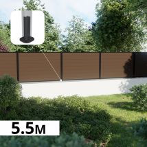 Kit Clôture Composite Sur Muret Rio Bronze 5,5x1,2m - Bois Composite & Aluminium - Poteaux Sur Platines Noir - Brise Vue - Bricoman