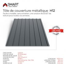 Tôle Bac Acier - Toiture - Couverture - Plaque H12 Coloris Gris Anthracite Ral 7016 Dimensions 2000x910x0.40 Mm - Bricoman