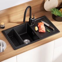 Évier De Cuisine En Granit Noir 78 X 45 Cm, Évier 1 Bac, Évier À Encastrer Avec Panier De Drainage, Étagère, Quartz Et Résine - Bricoman