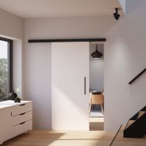 Kit Porte Coulissante En Bois Blanc Porte À Âme Pleine + Rail Aluminium Noir H.220 X L.102 Cm Schulte Porte Intérieure Revêtement En Résine Mélaminée 