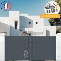 Portail Aluminium Battant Découpe Laser En Kit + Motorisation Dimensions L.3000 (entre Piliers) X H.1500 Mm Lockyvia (à Bras) Couleurs Gris (ral 7016)
