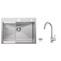 Évier Cuisine 1 Bac 60×45×18cm Évier Inox Brossé Avec Panier De Drainage + Mitigeur De Cuisine Brossé, Robinet De Évier - Bricoman