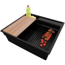 Evier Cuisine En Granit Tout Noir 58x53cm, Lavabo 1 Bac + Kit De Vidage + Accessoires, Évier À Encastrer Au Meuble 60cm - Oslo Pocket Primagran - 