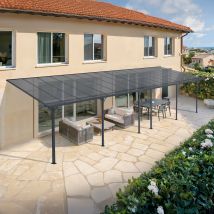 Pergola/carport Adossée 30m² Kleo 10x3m Gris - Toit Terrasse En Aluminium Et Polycarbonate - Bricoman