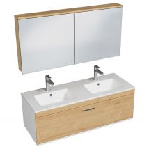 Rubite Meuble Double Vasque Encastrée L. 120 Cm + Miroir Armoire 1 Tiroir Chêne Clair Salle De Bain - Bricoman