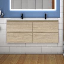 Ocean 120(l)x46 x52(h)cm Meuble Salle De Bain Naturel Avec 4 Tiroirs À Une Fermeture Amortie Avec Deux Vasques À Suspendre - Bricoman