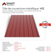 Tôle Bac Acier - Toiture - Couverture - Plaque H12 Coloris Brun Rouge Ral 3011 Dimensions 1200x910x0.40 Mm - Bricoman