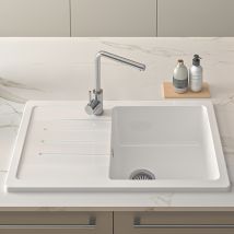 Évier 1 Bac Droite 1 Égouttoir Gauche Non Réversible À Encastrer Par Dessus 85,7x50cm H 21,5cm Grès Fin Sanindusa Reno Xs Blanc Avec Vidage - Bricoman
