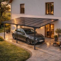 Carport Adossé Aluminium 15 M² 5 X 3 M Toiture Polycarbonate 6 Mm Anti-uv Gris Anthracite Thermolaqué Toit Incliné Réglable Kit Complet Gouttière Kleo