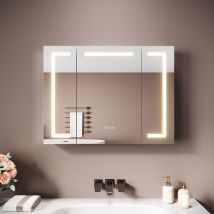 Sirhona Armoire Miroir Aluminium 3 Portes Avec Bluetooth 80x60x12.5cm, 3 Lumières Tactile, Anti-buée Localisée - Argent Satiné - Bricoman