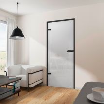 Bloc-porte Vitré Aluminium Noir Verre Satiné, H.197 X L.83 Cm, Schulte, Poussant Droit Ou Gauche, Porte Intérieure Loft Sans Cadre, Mont. Réversible -