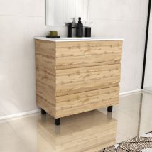 Meuble De Salle De Bains 80cm 3 Tiroirs_chêne Naturel + Vasque Céramique Blanche - Timber 80 - Bricoman