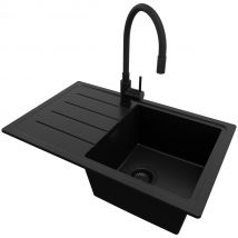 Evier Cuisine En Granit Tout Noir 70x44cm, Lavabo 1 Bac + Kit De Vidage + Accessoire, Évier À Encastrer Au Meuble 45cm - Copenhague Easy Primagran - 