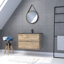 Pack Meuble Sdb 80cm Suspendu 2 Tiroirs Chene_vasque Noire + Miroir Barber - Timber 80_pack34 - Bricoman