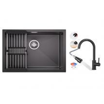 Évier 1 Bac 60×44cm Noir Évier Cuisine Inox Avec Panier De Drainage + Noir Mitigeur Evier Avec Douchette Extractible - Bricoman
