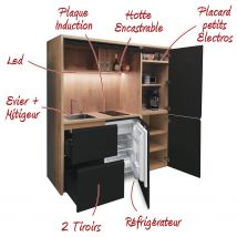 Kitchenette / Mini-cuisine Arche 186cm Noire Valino - Inclus : Plaque De Cuisson, Hotte, Évier, Robinetterie, Led + Réfrigérateur - Bricoman