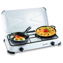 Réchaud Gaz Portable 2 Feux 2600w Blanc Laqué Couvercle Plaque De Cuisson Kemper - Bricoman