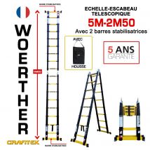 Echelle-escabeau Télescopique Double Foncions 5m00-2m50 - Woerther Grafitek Avec Double Barre Barre Stabilisatrice + Housse Garantie 5 Ans - Bricoman