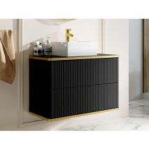 Meuble De Salle De Bain Suspendu Strié Liseré Doré Avec Vasque À Poser Carrée - Noir - 80 Cm - Keliza - Bricoman