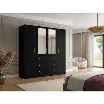 Armoire 4 Portes Et 3 Tiroirs - Avec Miroirs - L196 Cm - Noir - Lizandro - Bricoman