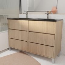 Meuble De Salle De Bains 120 Cm 6 Tiroirs Chêne Clair + Vasque Double Céramique Noire - Xenos - Bricoman