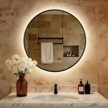Miroir Salle De Bain Avec Éclairage Cadre Noir, Miroir Lumineux Rond 60 Cm Anti-buée, 4300k Dimmable, Horloge, Température, Mémoire, Ip65 - Bricoman