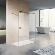 Grand Verre Paroi De Douche Fixe 130x200 Avec Deux Barres De Fixation 140cm En Aluminium Doré - Bricoman