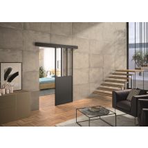 Kit Porte En Applique Atelier Noir Cadre Aluminium Verre Transparent - H 204 X 930 Mm - Bricoman