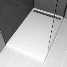 Receveur En Acrylique Blanc 90x140x5 Cm + Grilles Linéaires Chrome Et Gun Metal - Whiteness Ii - Bricoman
