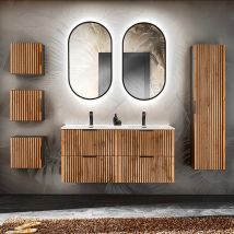 Ensemble Meuble Double Vasque Encastrée 120cm Colonne Et 3 Armoires Murales Gaia Bois Et Noir - Bricoman