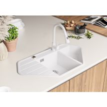 Evier D'Angle En Granit Blanc 90x50cm, Lavabo Cuisine 1,5 Bacs + Kit De Vidage, Évier À Encastrer Au Meuble 70cm - Copenhague Corner Primagran - 