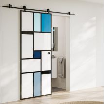 Kit Porte Coulissante En Verre + Rail Coulissant Apparent - Mondo Opaque Bleue - H. 204 X L. 83 - Fabrication Française Aurys Normandie - Bricoman