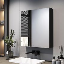 Emke Armoire À Miroir De Salle De Bain 60 X 65 X 14,5 Cm - 2 Portes Miroir, Étagères Réglables, Noir Mat - Tecnomat
