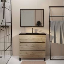 Meuble Salle De Bains 80cm Décor Chene Naturel 3 Tiroirs - Vasque Noire Et Miroir - Timber - Bricoman