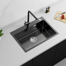 Auralum Max Évier Cuisine 1 Bac 65x45cm,evier En Acier Inoxydable, Évier Encastré Et À Poser Avec Trop-plein Et Vidange Rapide,noir, Kitchen Sink - 