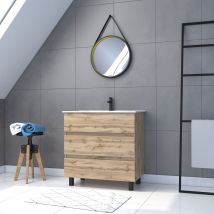 Pack Meuble Sdb 80cm Sur Pieds 3 Tiroirs Chene_vasque Blanche + Miroir Barber - Timber 80_pack48 - Bricoman