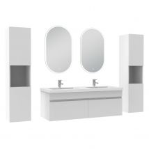 Meubles Double Vasque 120cm Colonne + Vasque + Miroir Lumineux Blanc - Bricoman