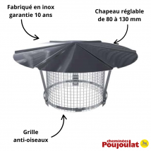 Chapeau Chinois Inox Réglable De 80 À 130 Mm Anti-oiseau Poujoulat - Bricoman