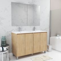 Meuble Salle De Bains 120 Cm Chêne Clair 4 Portes, Vasque, Miroirs 60x80 Et Réglettes Led - Xenos - Bricoman