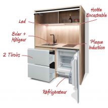 Kitchenette / Mini-cuisine Arche 126cm Blanche Valino - Inclus : Plaque De Cuisson, Hotte, Évier, Robinetterie, Led + Réfrigérateur - Bricoman