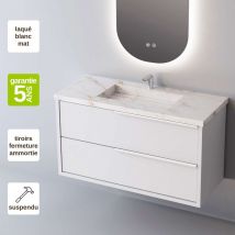 Meuble Salle De Bain Like 81cm, Plan Vasque Grès Cérame, 2 Tiroirs Poignée Inox Satiné, Laqué Blanc Mat, Hauteur 54cm X Profondeur 45cm - Bricoman