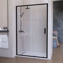 Paroi Douche Coulissante Frontale+fixe-avec Profil Bas-verre 6mm-noir Mat-ouverture Droite Gauche-125cm De Largex195cm De Haut - Bricoman
