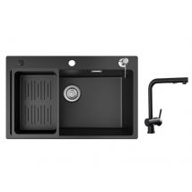 Cecipa Max Evier 1 Bac En Quartz Avec Panier De Vidange Et Distributeur De Savon 70x45cm + Robinet Avec Douchette Extractible, Mitigeur D'Évier - 