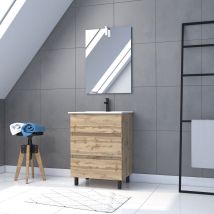 Pack Meuble Sdb 60cm Sur Pieds 3 Tiroirs Chene_vasque Blanche + Miroir Led - Timber 60_pack41 - Bricoman