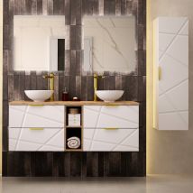 Ensemble Meuble Double Vasque 140cm 2 Niches Et Colonne Aurora Blanc Et Bois - Bricoman