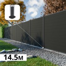 Kit Clôture Composite Rio Anthracite 14,5x1,8m - Bois Composite & Aluminium - Poteaux Sur Platines Gris - Brise Vue - Bricoman