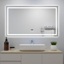 Miroir Lumineux Avec Bluetooth 100 X 60cm, Miroir Avec Horloge + 3 Couleurs + Dimmable + Anti-buée, Miroir De Salle De Bain Ip44 Rectangulaire - 