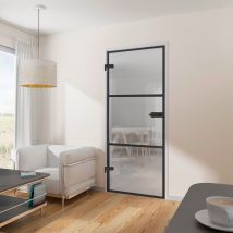 Bloc-porte Vitré Aluminium Noir Verre Transparent, H.197x L.83 Cm Schulte, Poussant Droit Ou Gauche, Porte Intérieure Loft 3 Carreaux Mont. Réversible