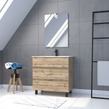 Pack Meuble Sdb 80cm Sur Pieds 3 Tiroirs Chene_vasque Blanche + Miroir Led - Timber 80_pack47 - Bricoman
